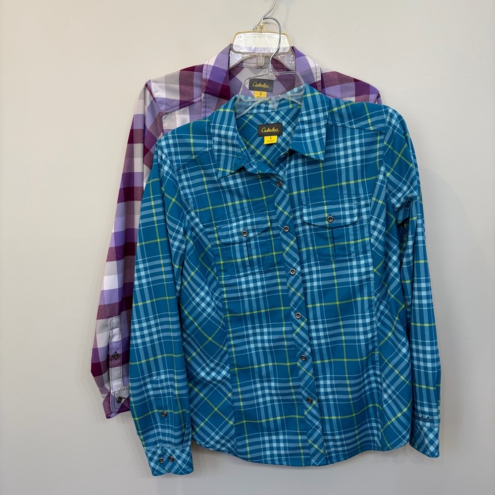 Cabela's Woman’s Plaid Checked Button Down Shirt Bundle Teal Purple Size Small